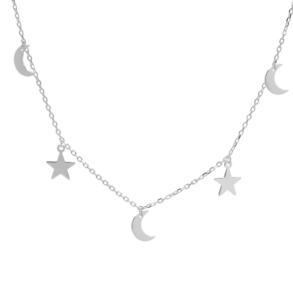 COLLAR CON PLACAS LISAS DE LUNAS Y ESTRELLAS DE PLATA