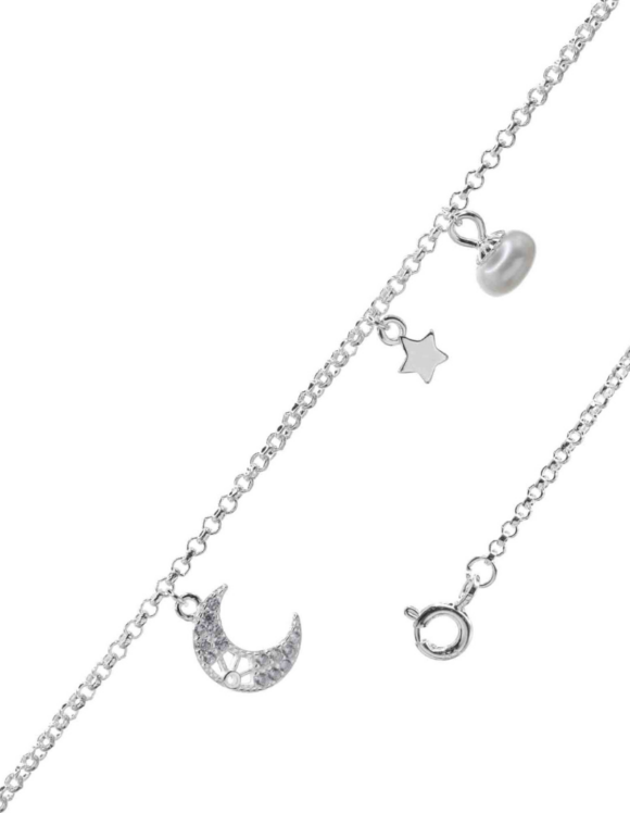 Pulsera de Plata 925 Estrellas con Media Luna y Perla