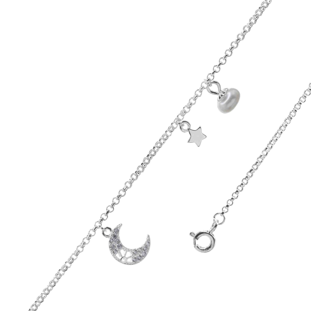 Pulsera de Plata 925 Estrellas con Media Luna y Perla