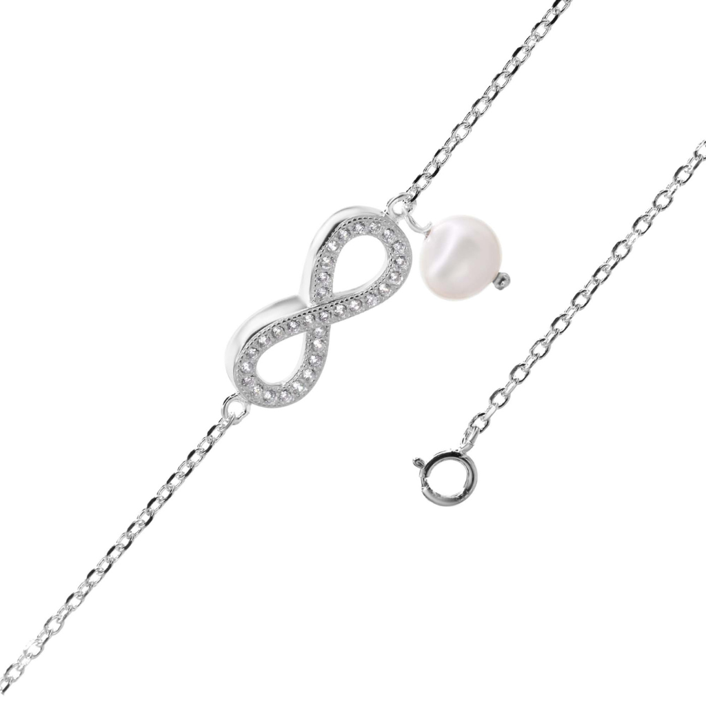 Pulsera de Plata 925 Infinito con Circones y Perla de Río