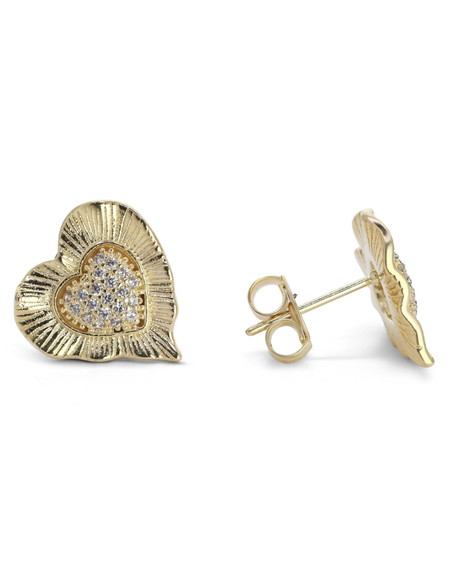 Aros enchapados en oro con diseño de corazón irregular y circones, tamaño de 1,5 cm, ideales para un look único y sofisticado.