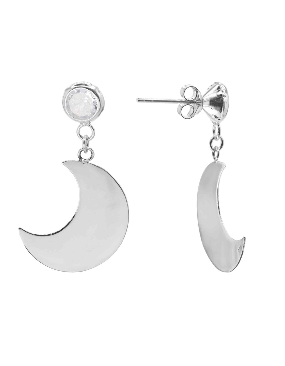 Aros de plata 925 con diseño de placas de luna lisa y circones, tamaño de 3 cm y peso de 2,8 gramos, ideales para un look elegante y moderno.
