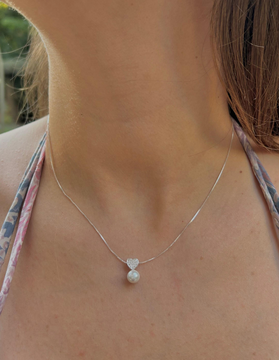 Collar de plata 925 con colgante de corazón, circones y perla de 7 mm, longitud ajustable de 42 cm + 3 cm
