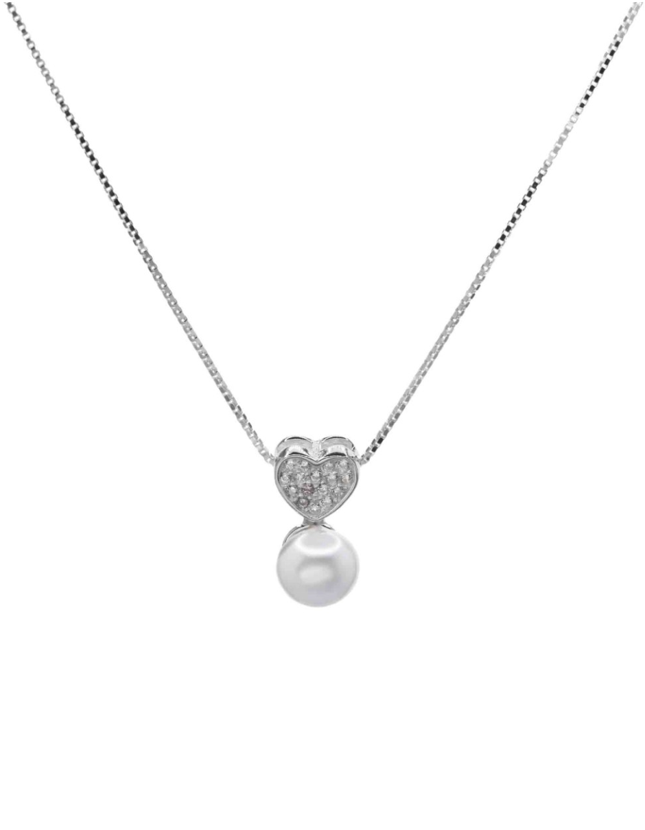 Collar de plata 925 con colgante de corazón, circones y perla de 7 mm, longitud ajustable de 42 cm + 3 cm