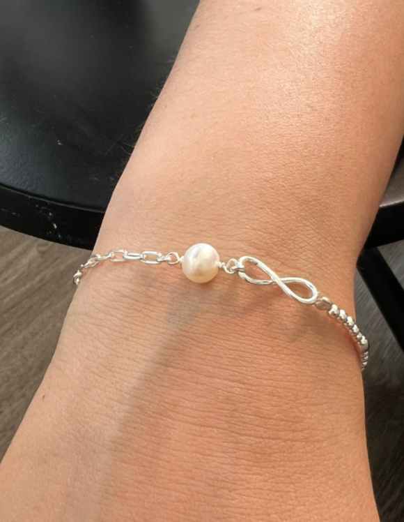 Pulsera de Plata 925 con Perla y Figura Infinito, 17 cm + 3 cm de Alargue