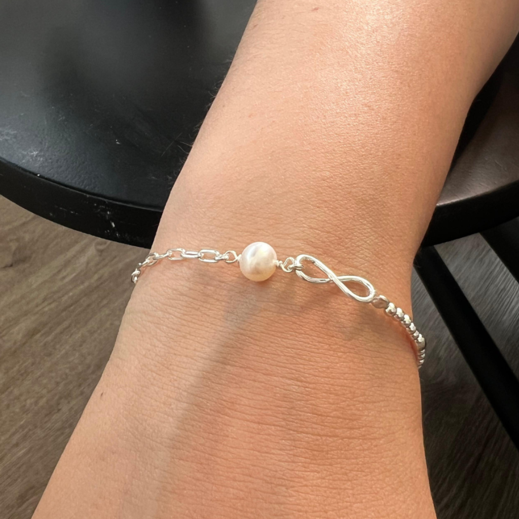 Pulsera de Plata 925 con Perla y Figura Infinito, 17 cm + 3 cm de Alargue