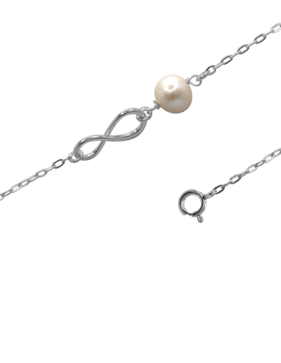 Pulsera de Plata 925 con Perla y Figura Infinito, 17 cm + 3 cm de Alargue
